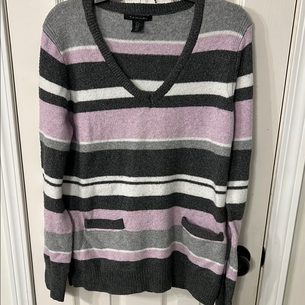 Tahari V-Neck Sweater Gray and Pink Striped Knit